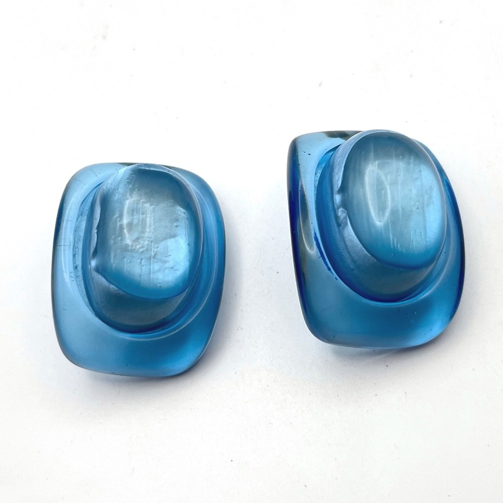 Dominique Denaive Blue Resin Chunky Clip On Earrings Rectangular Statement Retro